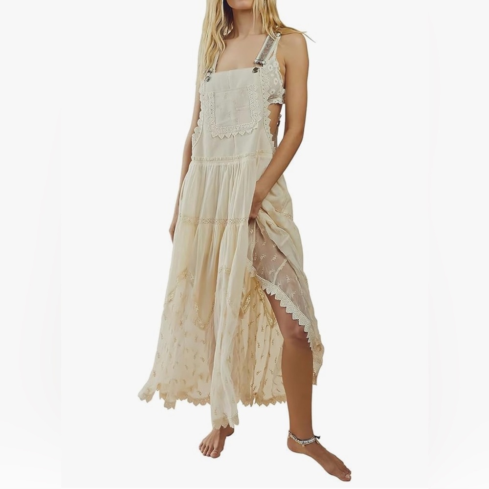 Boho Summer Laced Embroidered Tulle Bib Overall Dress